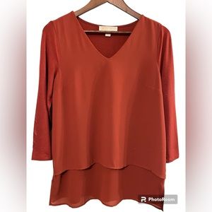 MICHAEL MICHAEL KORS A-Line Layered-Look 3/4 Sleeve V-Neck Top, Size S
